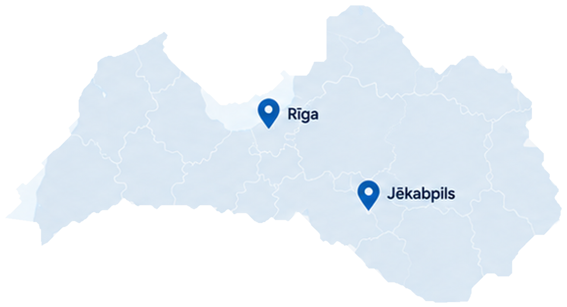 Latvijas karte ar Jēkabpils un Rīgas biroju atrašanās vietām